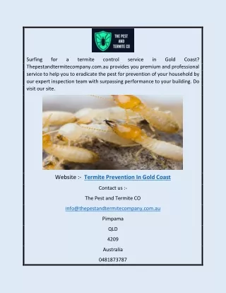 Termite Prevention in Gold Coast | Thepestandtermitecompany.com.au
