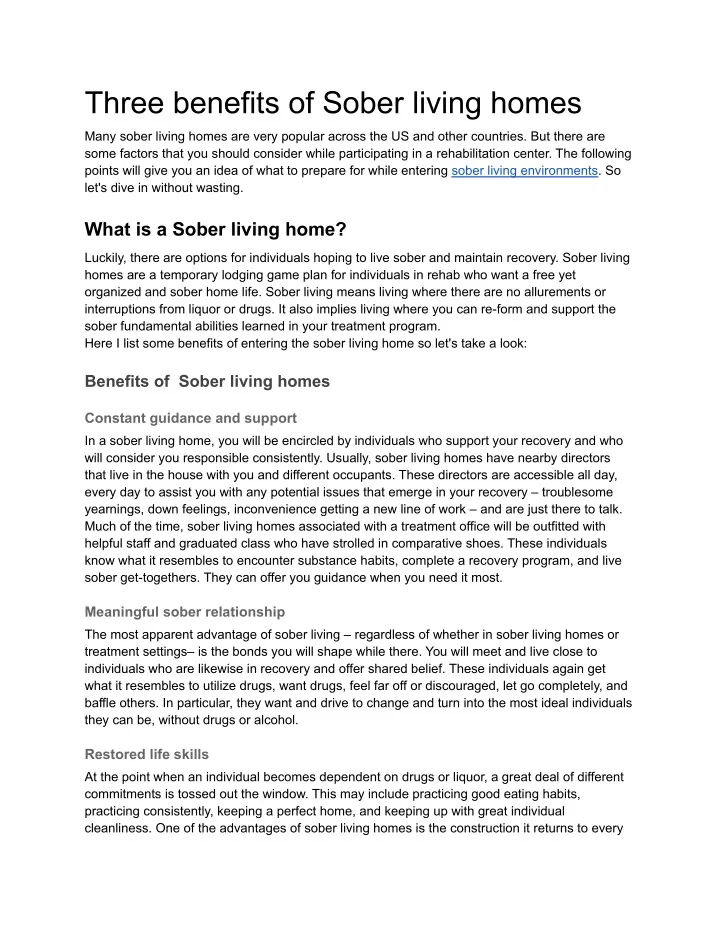 three benefits of sober living homes