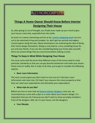 Things A Home Owner Should Know Before Interior Designing Their House