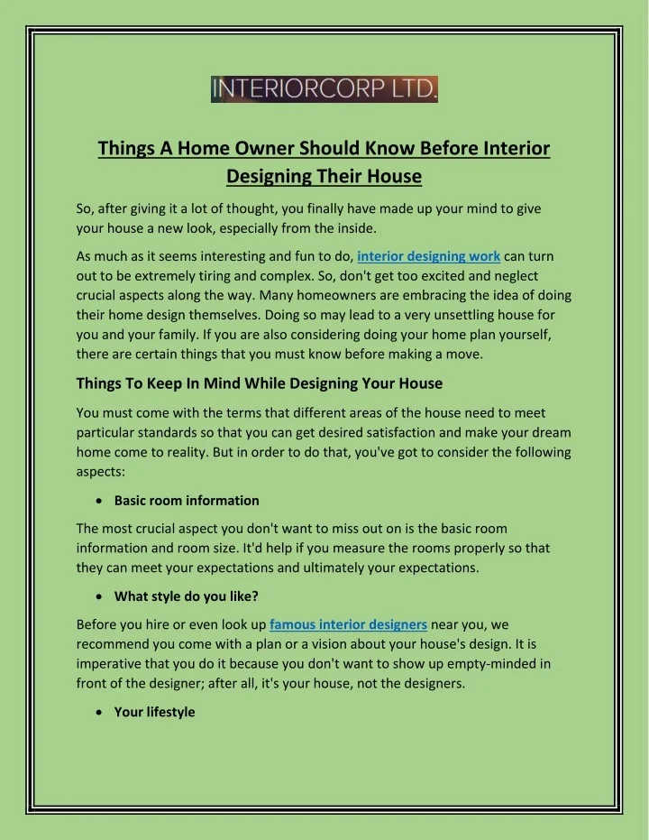 PPT - Things A Home Owner Should Know Before Interior Designing Their ...