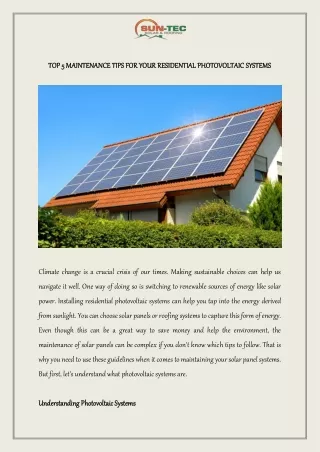 TOP 5 MAINTENANCE TIPS FOR YOUR RESIDENTIAL PHOTOVOLTAIC SYSTEMS