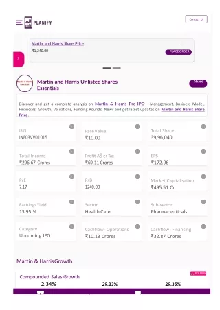 Martin and Harris Share Price of Unlisted shares | Planify