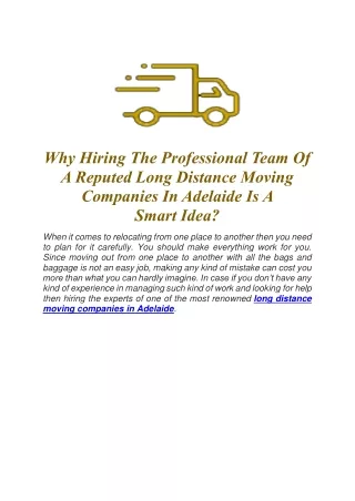 Why Hiring The Professional Team Of A Reputed Long Distance Moving Companies In Adelaide Is A Smart Idea