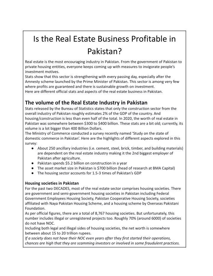 is the real estate business profitable in pakistan