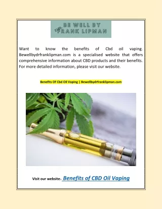 Benefits Of Cbd Oil Vaping | Bewellbydrfranklipman.com