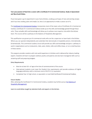 Want to Study Certificate IV in Commercial Cookery in Queensland