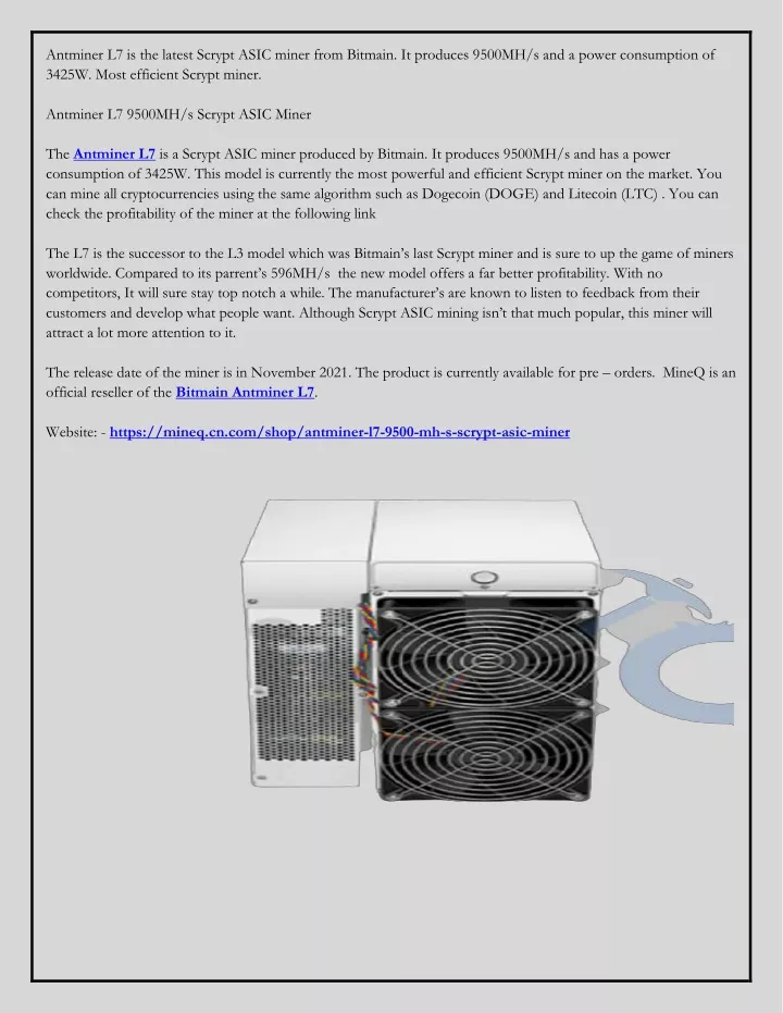 antminer l7 is the latest scrypt asic miner from