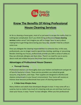 Know The Benefits Of Hiring Professional House Cleaning Services | EasyGo PRO