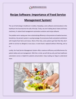 Recipe Software Importance of Food Service Management System