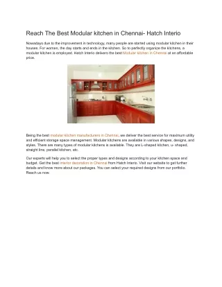 Reach The Best Modular kitchen in Chennai- Hatch Interio