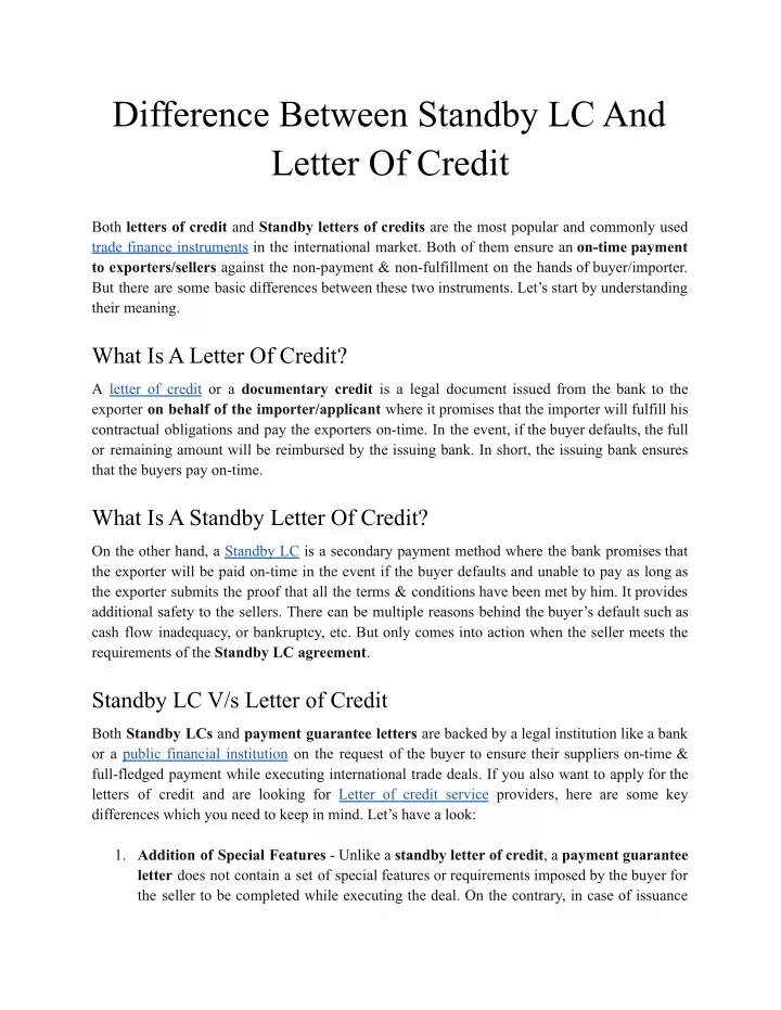 difference between standby lc and letter of credit