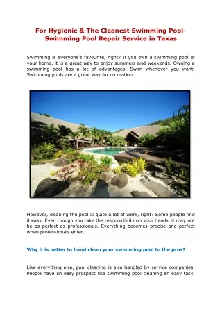 For Hygienic & The Cleanest Swimming Pool- Swimming Pool Repair Service in Texas