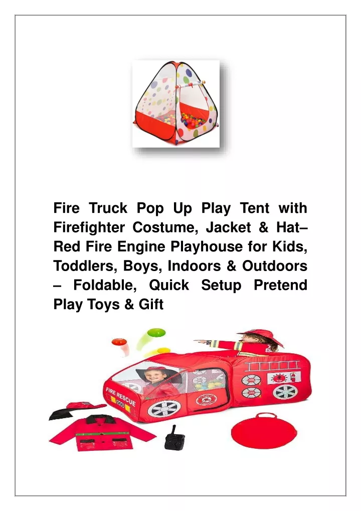 fire truck pop up play tent with firefighter