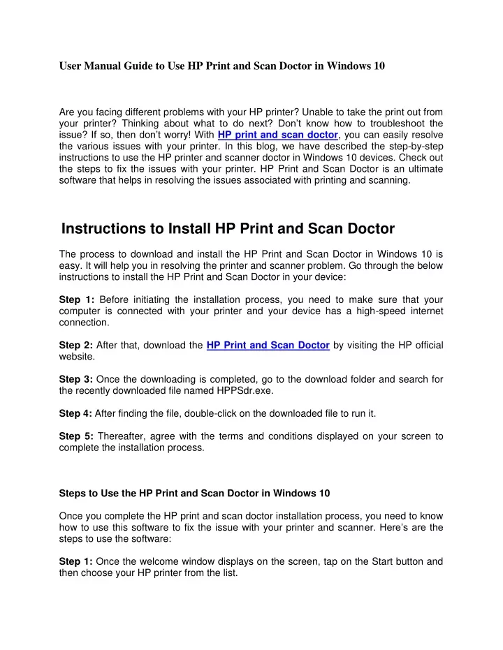 user manual guide to use hp print and scan doctor