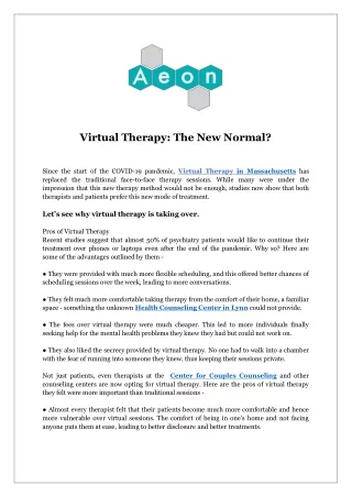 Virtual Therapy The New Normal