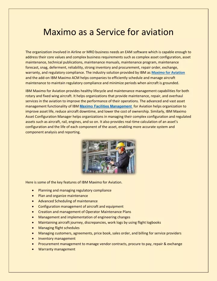 maximo as a service for aviation