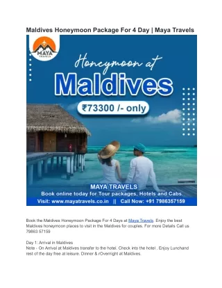 Maldives Honeymoon Package For 4 Day  Maya Travels