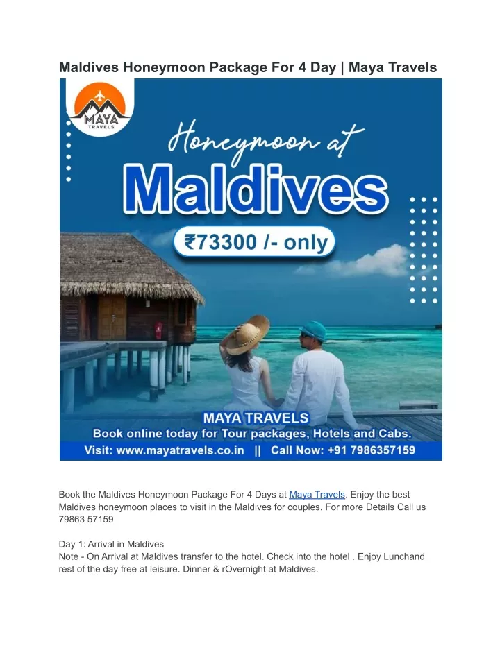 maldives honeymoon package for 4 day maya travels