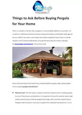 things to ask before buying pergola