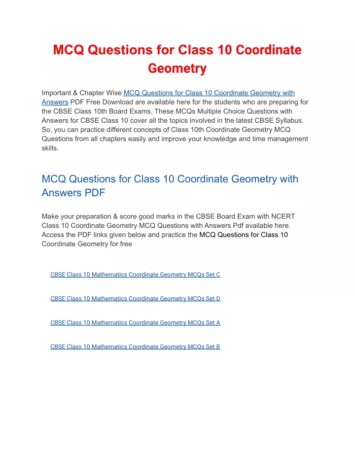 mcq questions for class 10 coordinate geometry