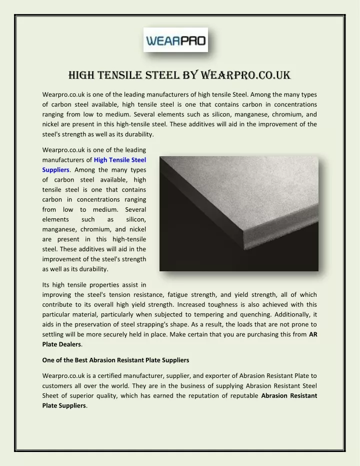 high tensile steel by wearpro co uk