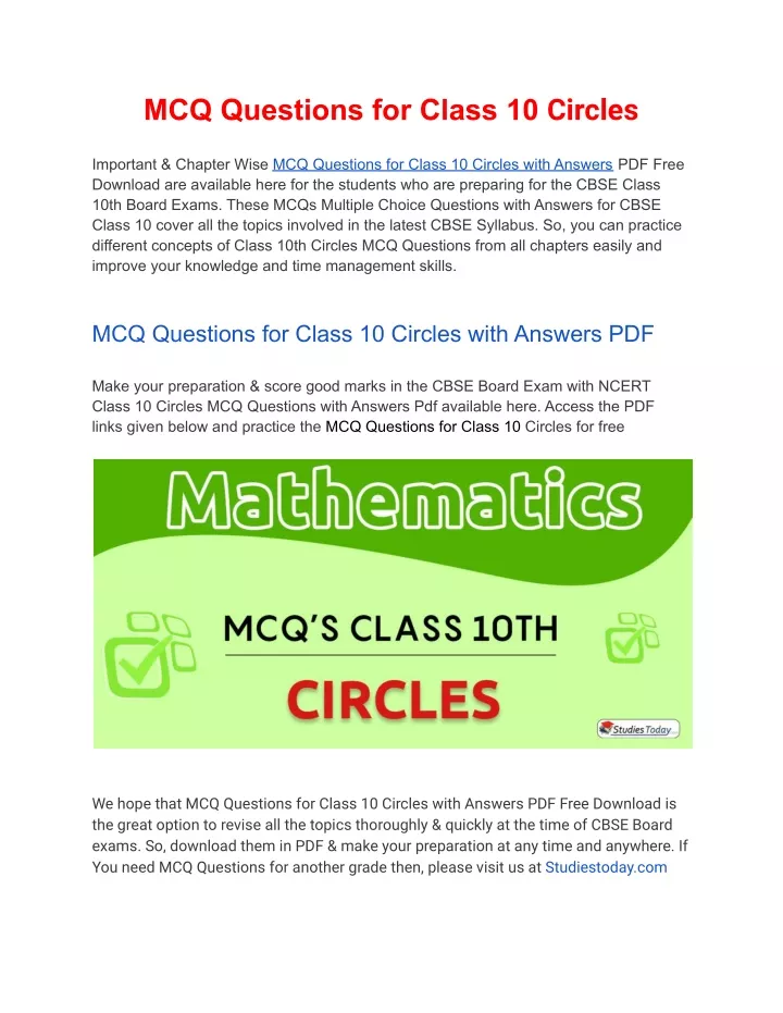 mcq questions for class 10 circles
