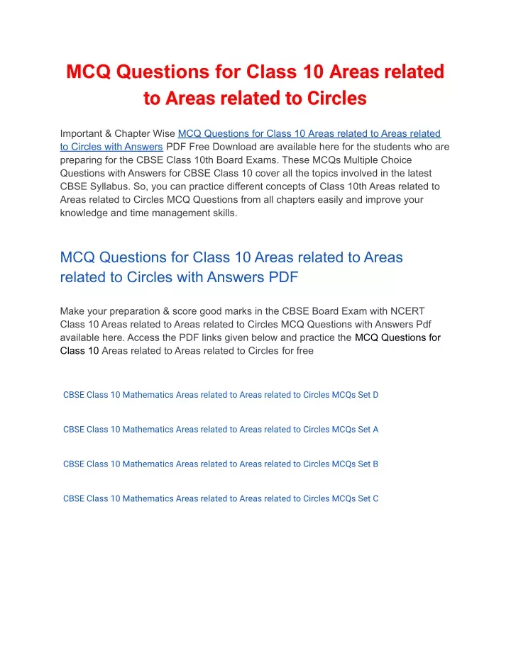 mcq questions for class 10 areas related to areas