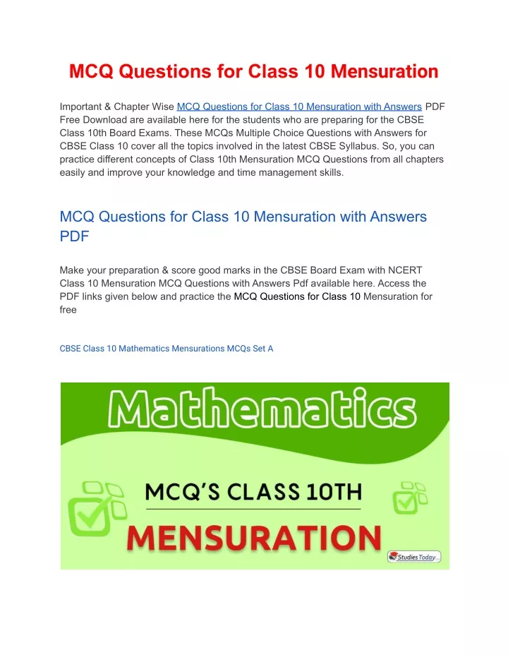 mcq questions for class 10 mensuration