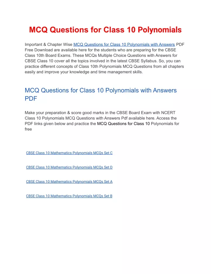 mcq questions for class 10 polynomials