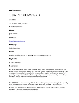 1 Hour PCR Test NYC