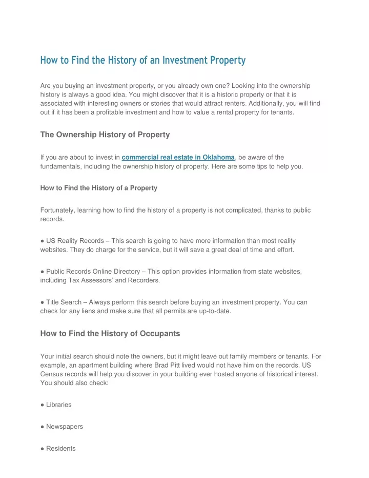 how to find the history of an investment property