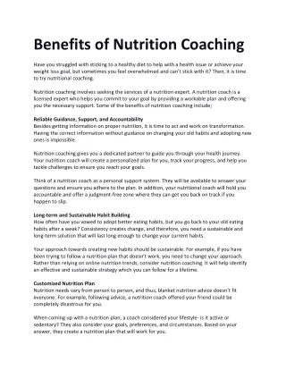 Benefits of Nutrition Coaching