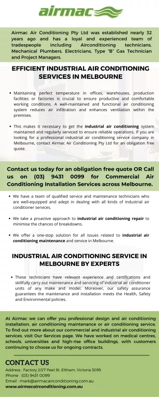 Industrial Air Conditioner Service by Airmac Air Conditioning