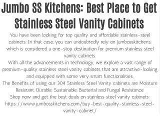 Jumbo SS Kitchens: Best Place to Get Stainless Steel Vanity Cabinets