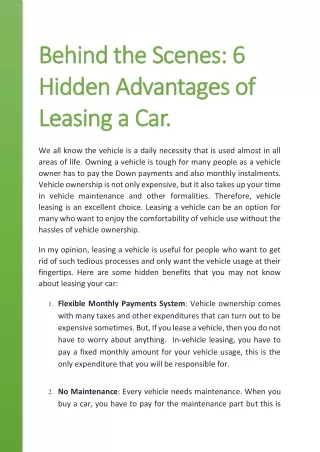 Behind the Scenes 6 Hidden Advantages of Leasing a Car.
