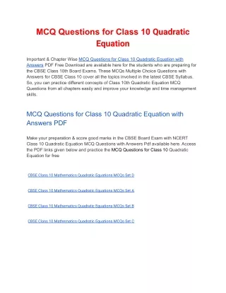 mcq questions for class 10 quadratic equation