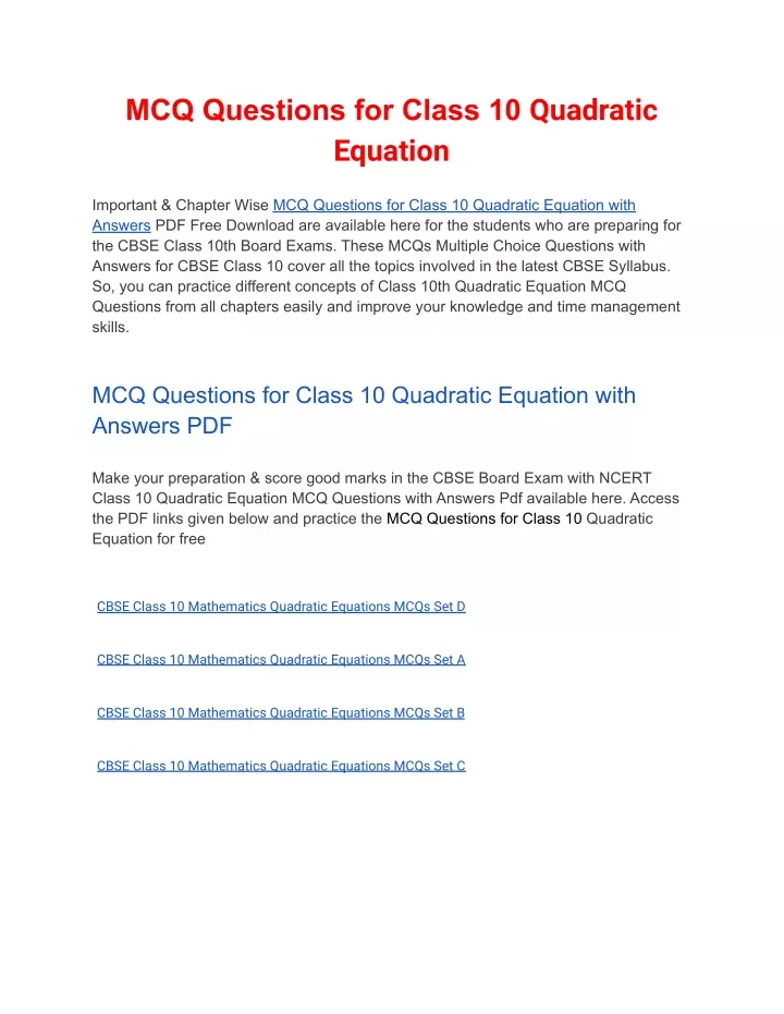 mcq questions for class 10 quadratic equation