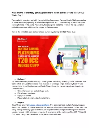 What are the top fantasy gaming platforms to watch out for around the T20 ICC World Cup