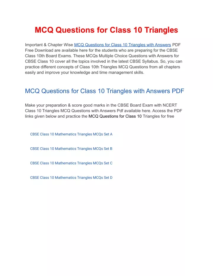 mcq questions for class 10 triangles