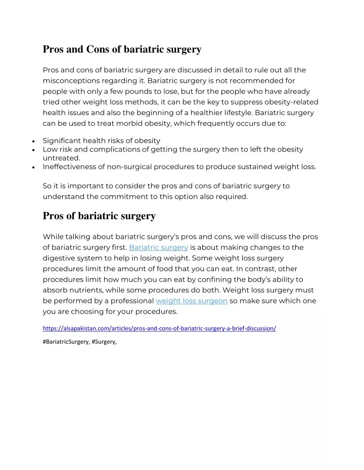 pros and cons of bariatric surgery