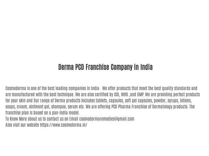 derma pcd franchise company in india