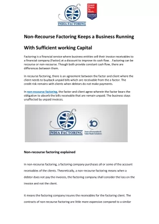 Non-Recourse Factoring Keeps a Business Running With Sufficient working Capital