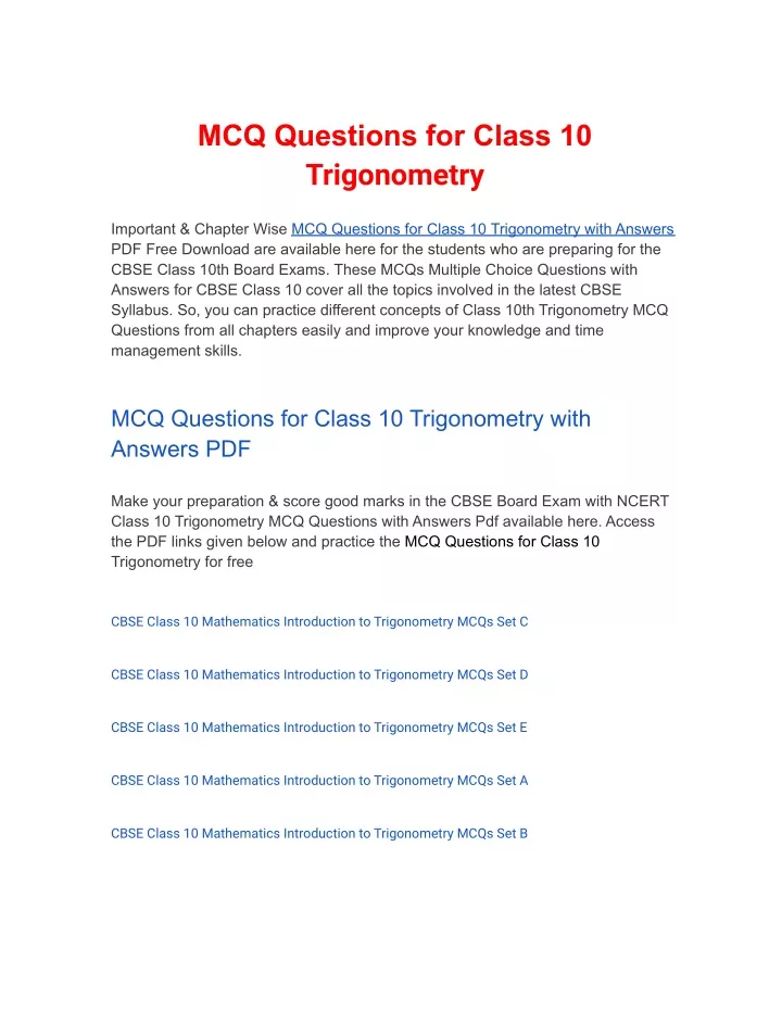 mcq questions for class 10 trigonometry