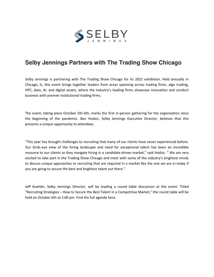 PPT Selby Jennings Partners with The Trading Show Chicago PowerPoint