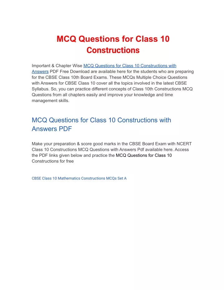 mcq questions for class 10 constructions