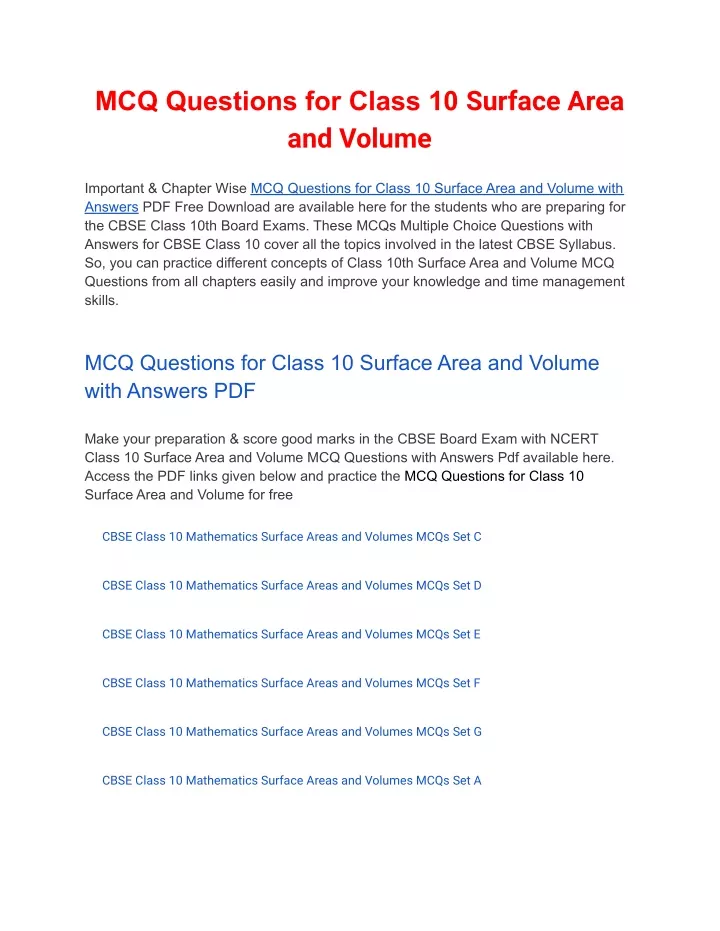 mcq questions for class 10 surface area and volume