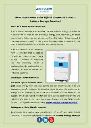 How Jstarypower Solar Hybrid Inverter is a Smart Battery Storage Solution?