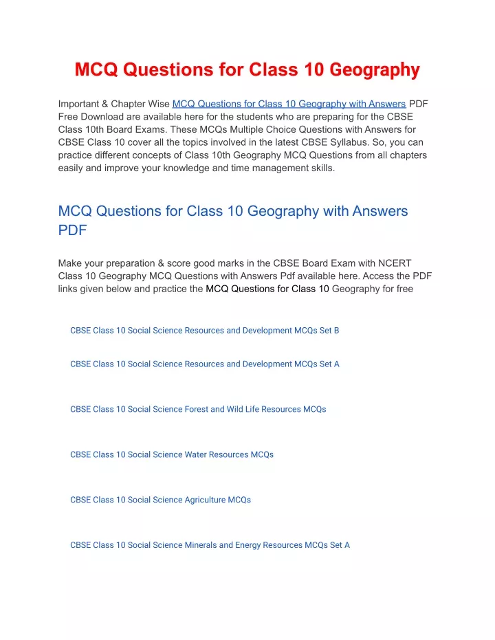 mcq questions for class 10 geography