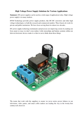 High Voltage Power Supply Solutions for Various Applications