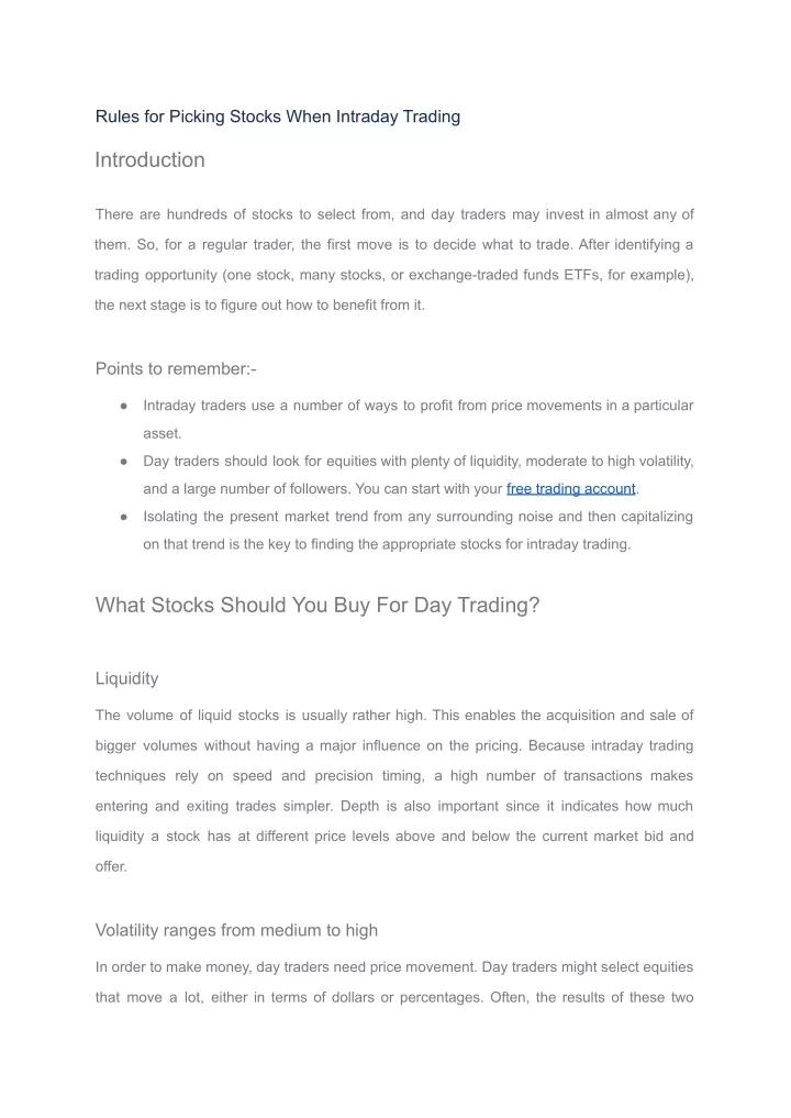 rules for picking stocks when intraday trading